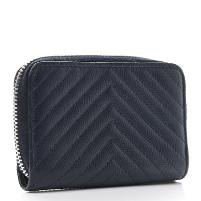 Chanel Caviar Chevron Quilted Zip Around Coin Purse Navy Blue 3 of 8