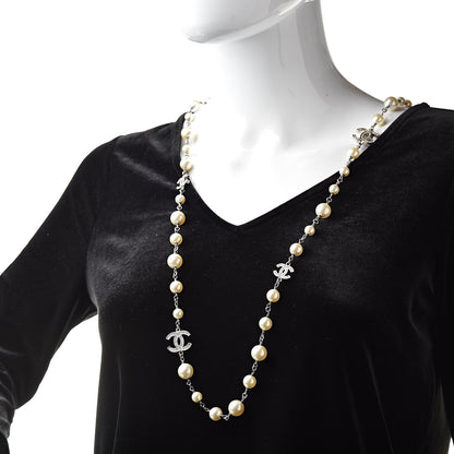 Chanel Crystal Pearl CC Long Necklace Silver 2 of 6