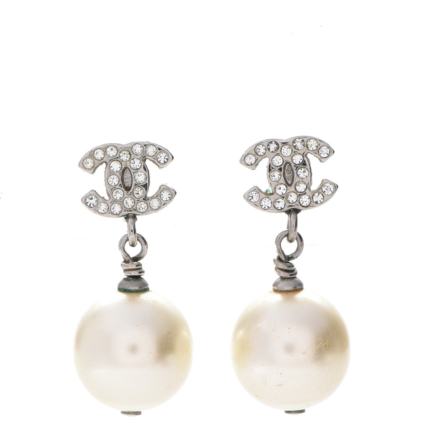 Chanel Crystal Pearl CC Drop Earrings Silver 1 of 7