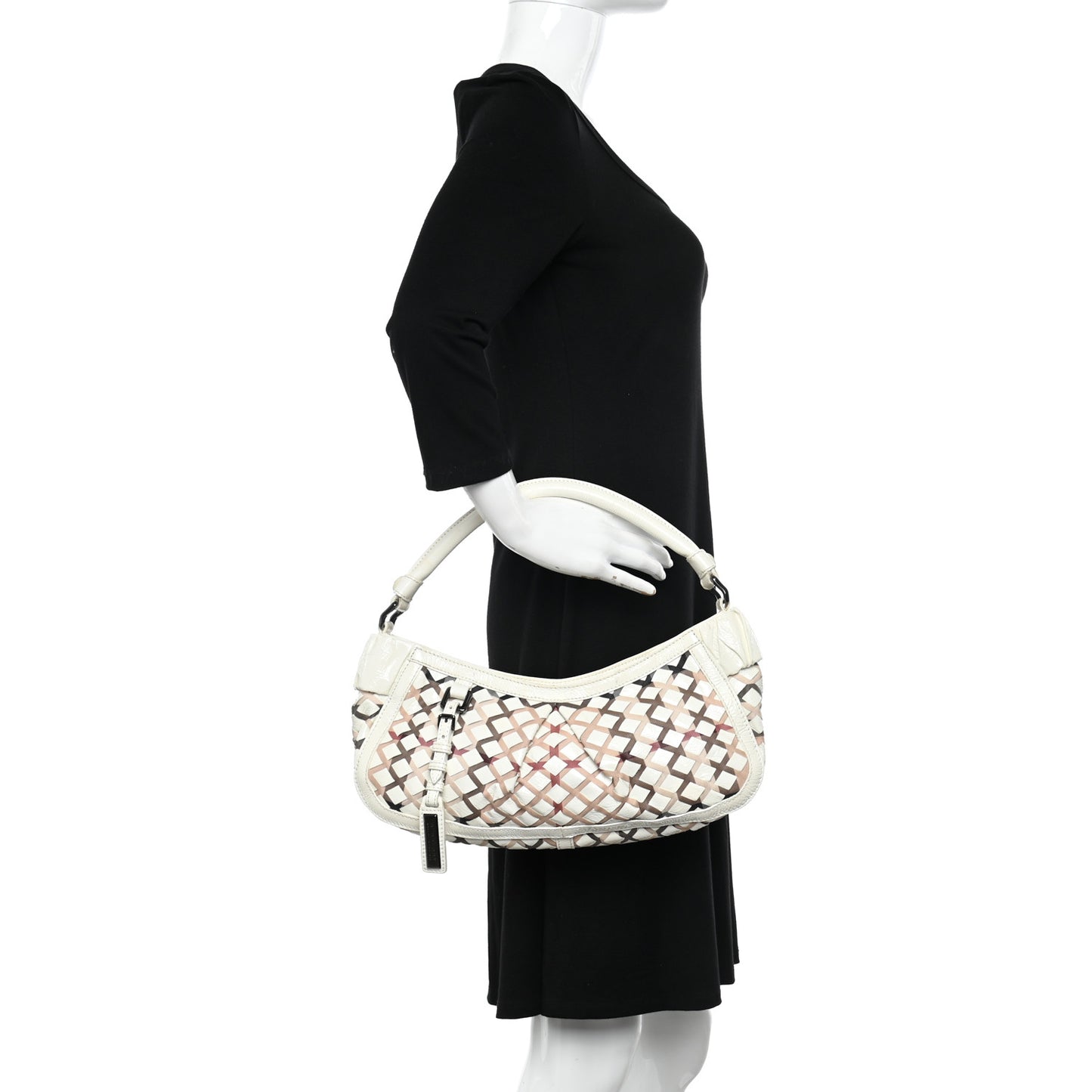 Patent Canvas Woven Nova Check Shoulder Bag White