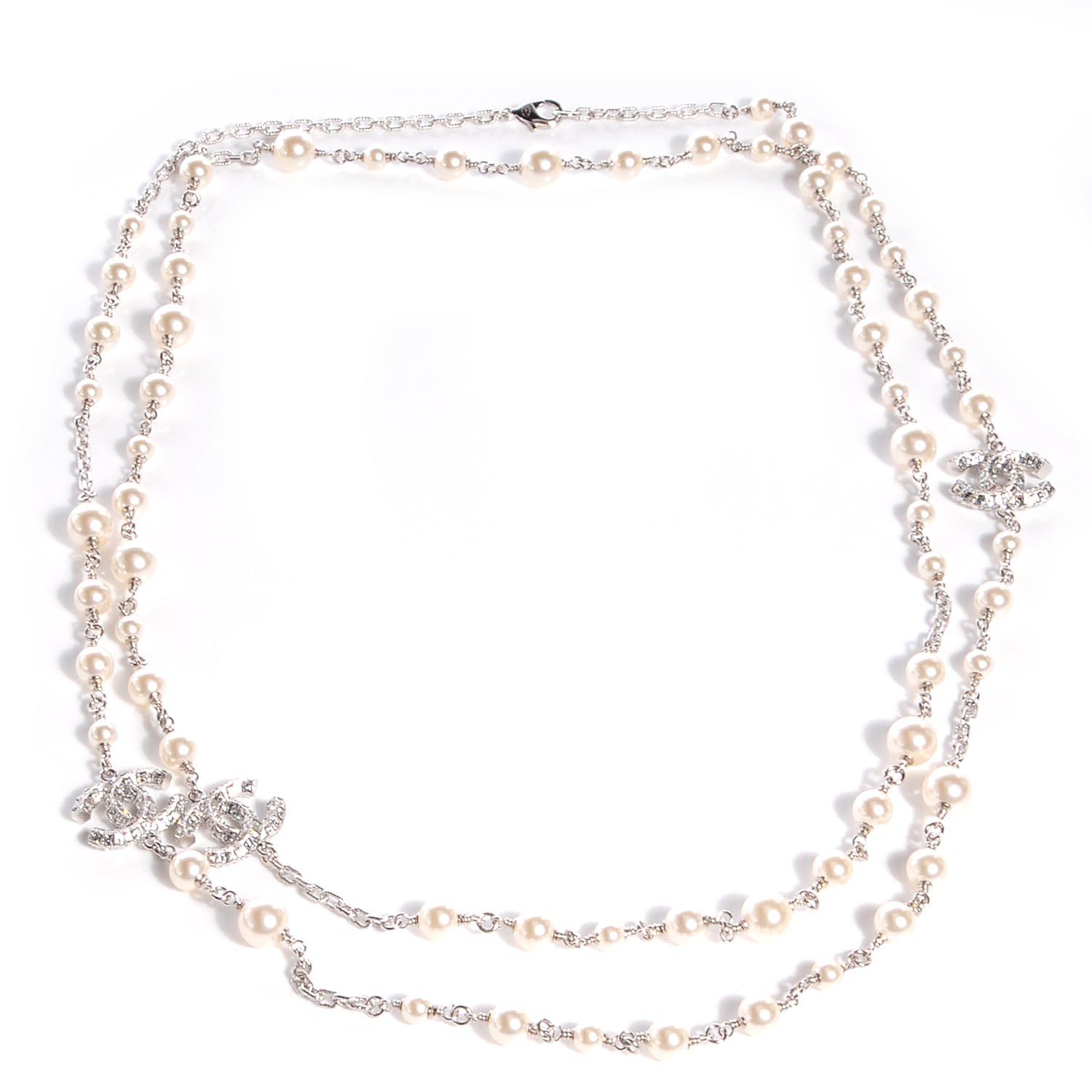 Chanel Crystal Pearl CC Long Necklace Silver 1 of 6