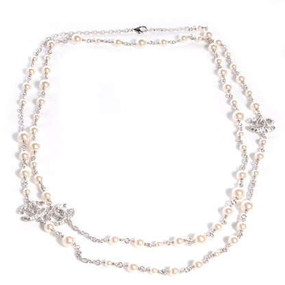 Chanel Crystal Pearl CC Long Necklace Silver 1 of 6