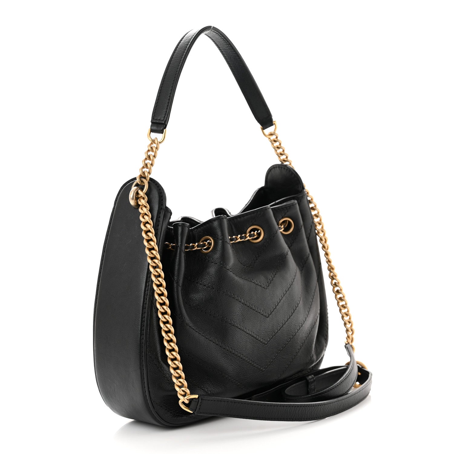Chanel Grained Calfskin Chevron Drawstring Bucket Bag Black 3 of 12