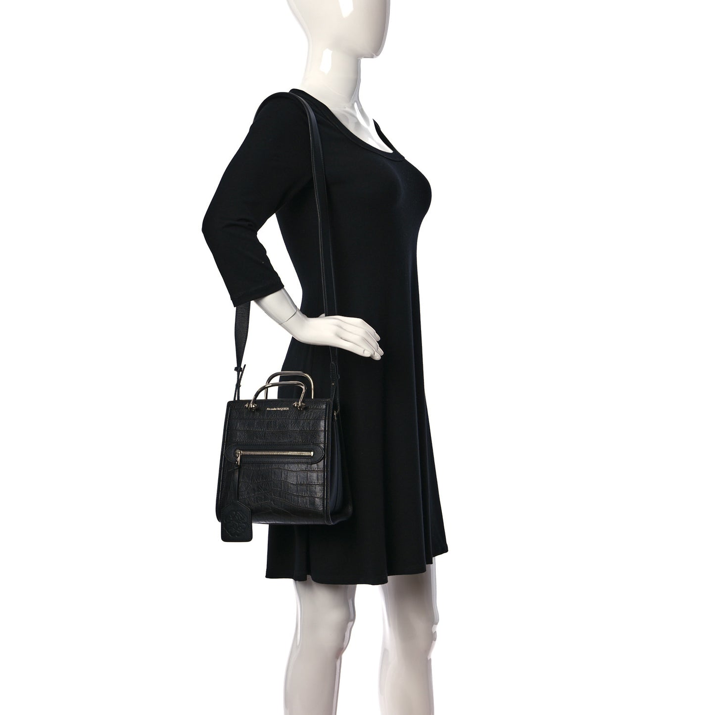 Crocodile Embossed Calfskin The Short Story Shoulder Bag Black