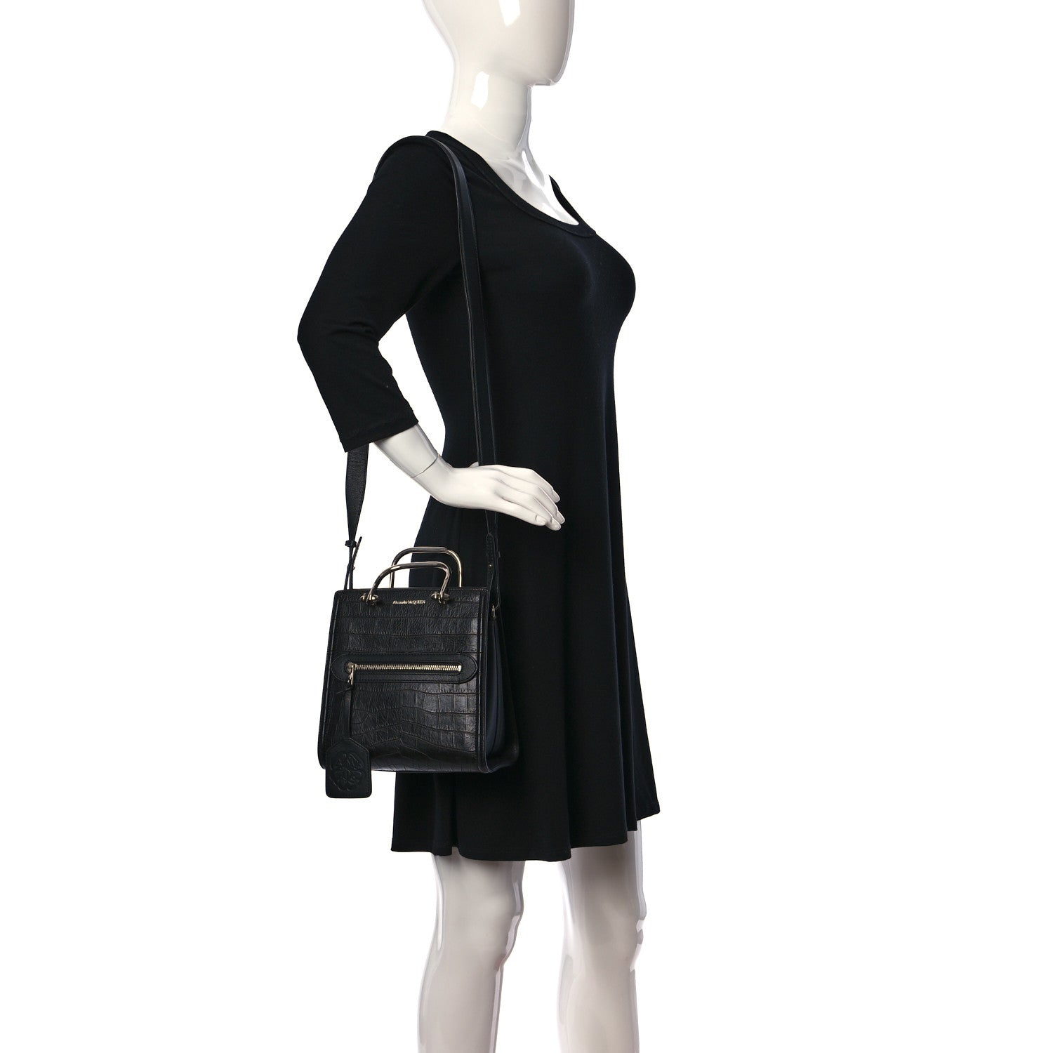 Alexander McQueen Crocodile Embossed Calfskin The Short Story Shoulder Bag Black 2 of 9