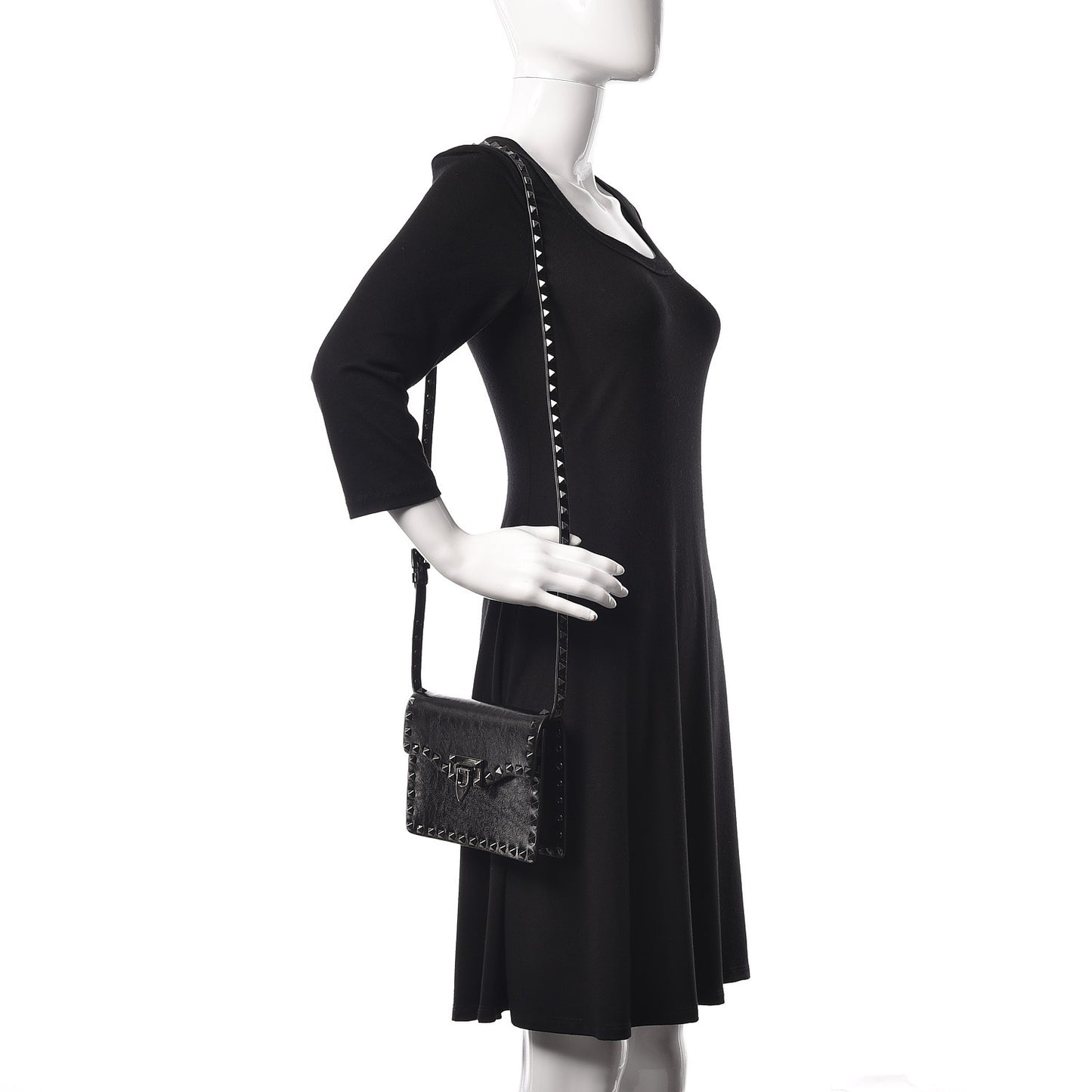 Craquele Calfskin Rockstud Shoulder Flap Bag Black