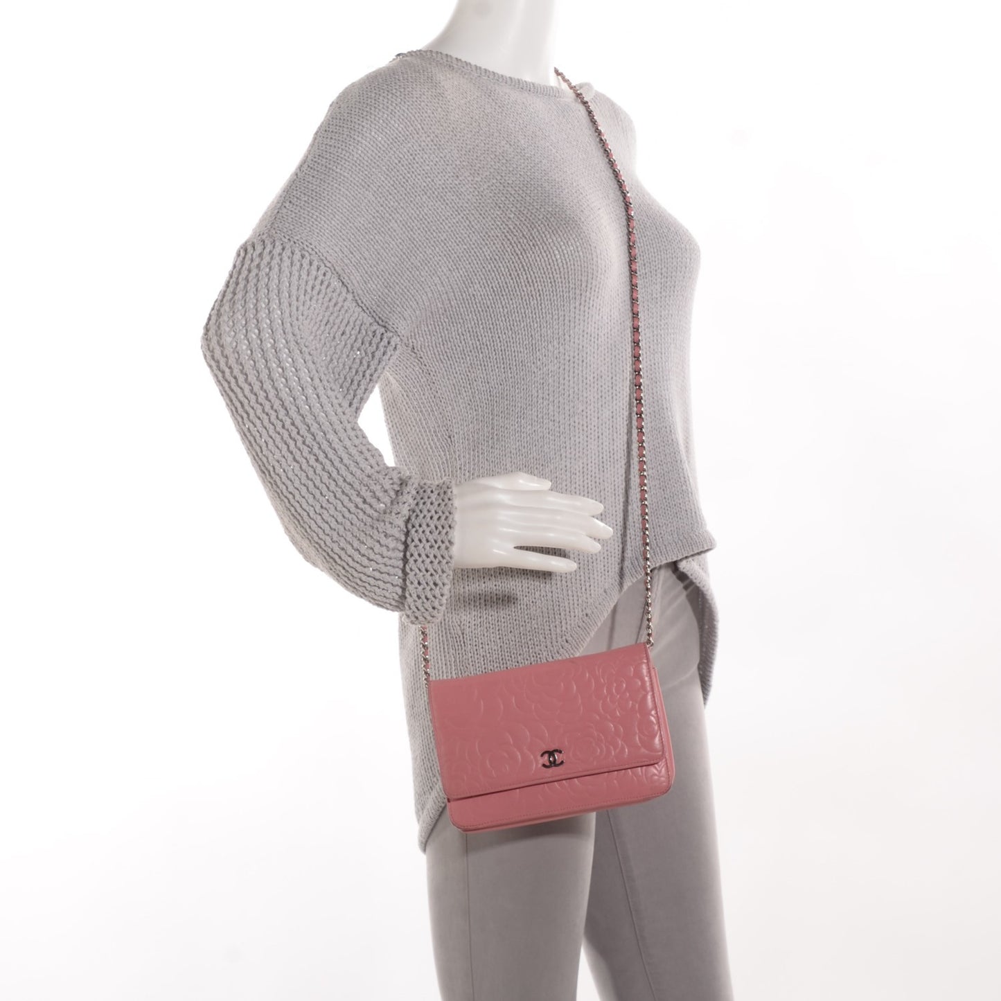 Lambskin Camellia Embossed Wallet on Chain WOC Pink