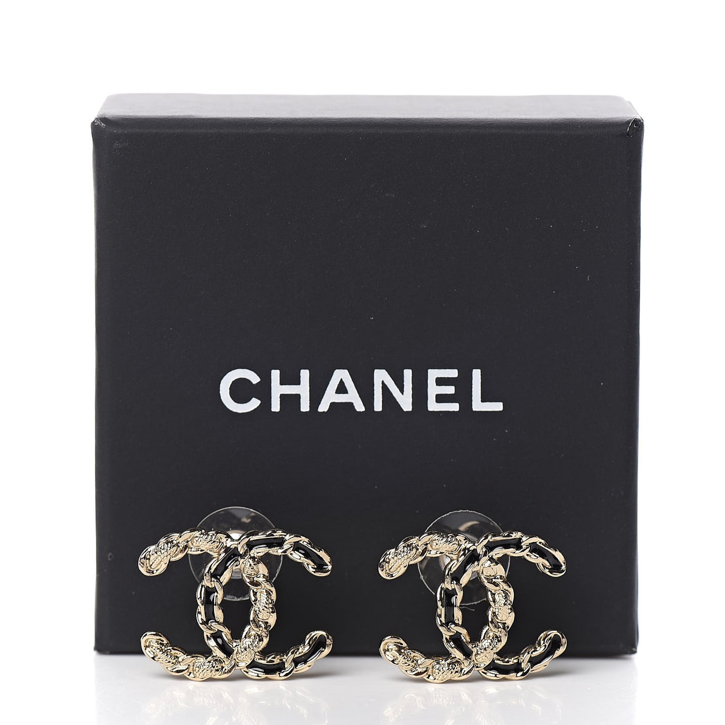 Enamel Metal Chain French New Wave CC Earrings Black Gold