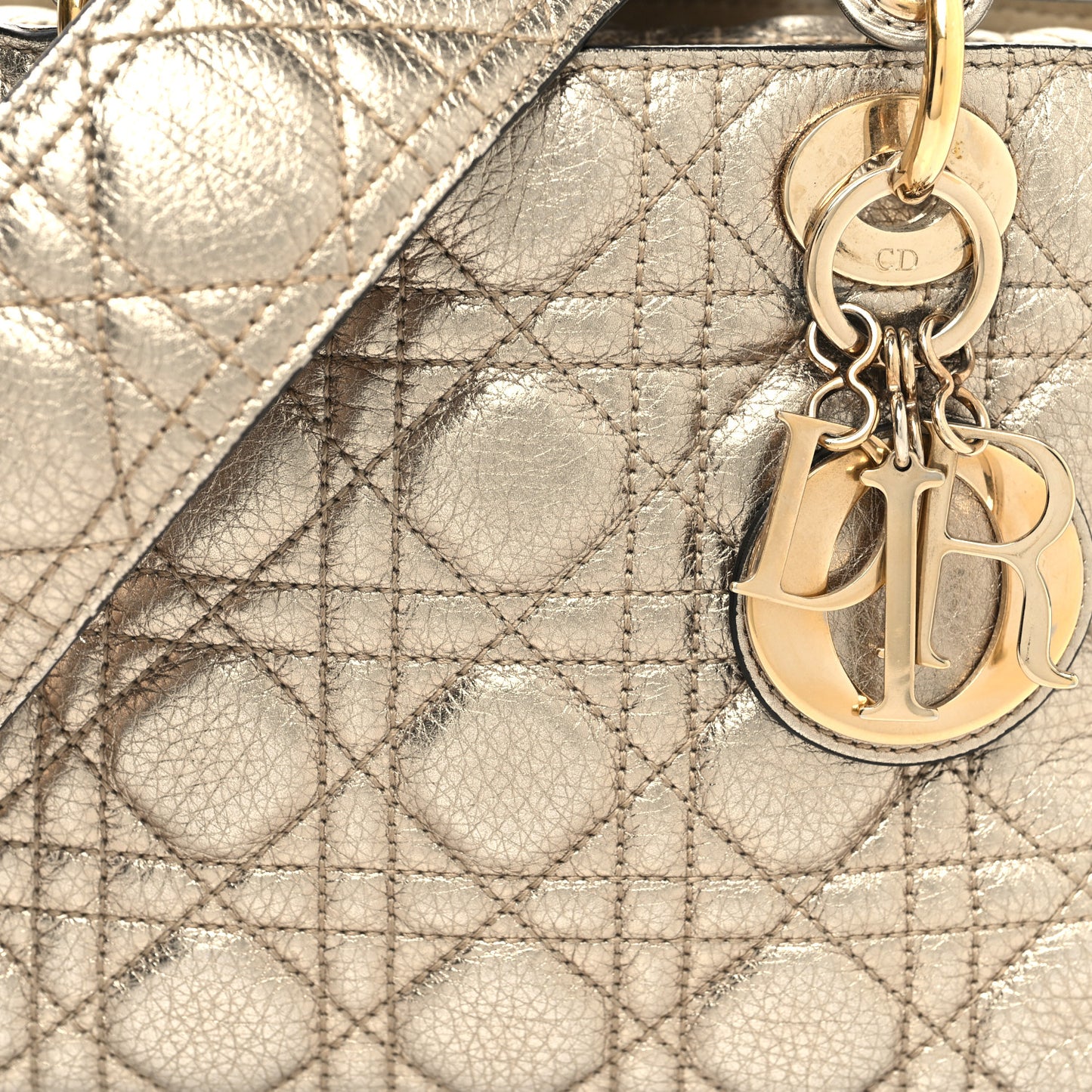 Metallic Grained Calfskin Cannage Mini Supple Lady Dior Pale Gold
