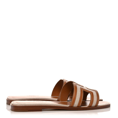 Hermes Calfskin Canvas Oran Sandals 36.5 Noisette Beige Dore 4 of 11