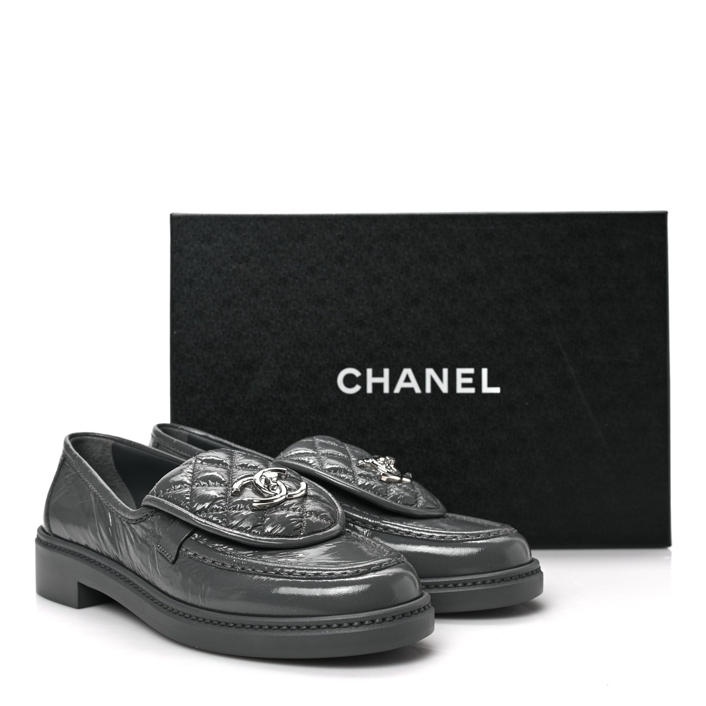 Crumpled Shiny Lambskin Quilted CC Turnlock Loafers 36.5 Dark Grey
