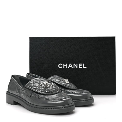 Chanel Crumpled Shiny Lambskin Quilted CC Turnlock Loafers 36.5 Dark Grey 9 of 9