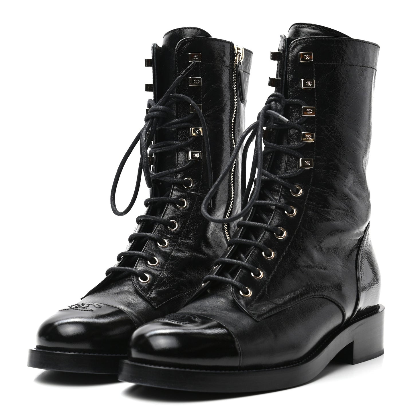 Crumpled Lambskin Shiny Calfskin Lace Up Combat Boots 40 Black