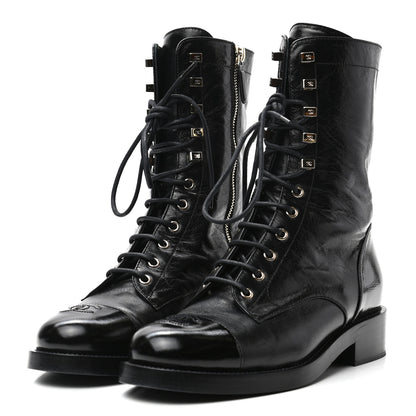 Chanel Crumpled Lambskin Shiny Calfskin Lace Up Combat Boots 40 Black 3 of 8