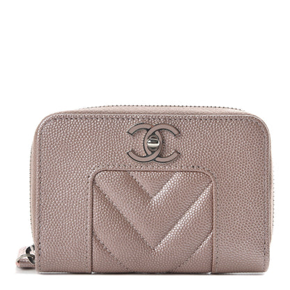 Chanel Metallic Caviar Chevron Quilted Vintage Mademoiselle Zip Coin Purse Pink 1 of 8