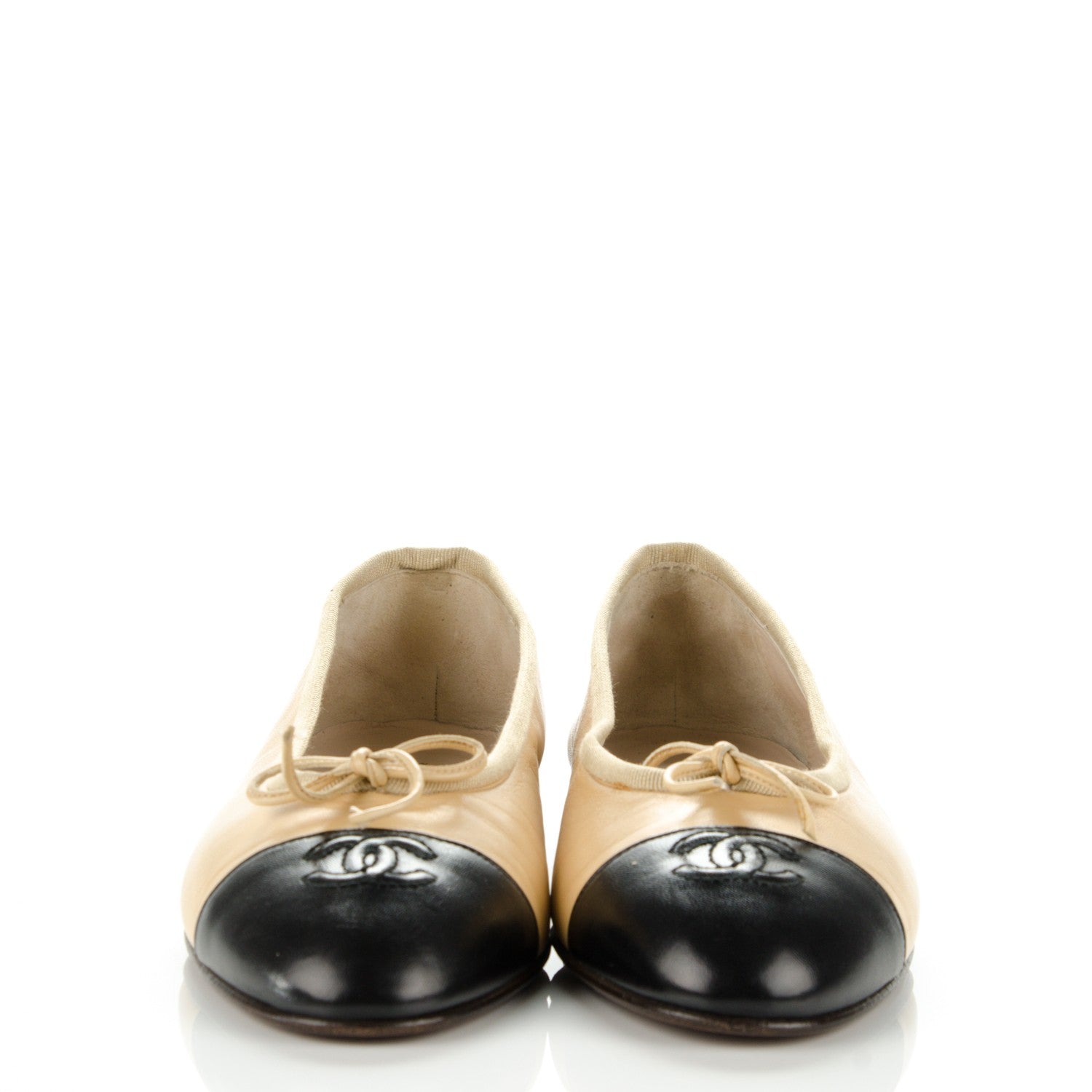 Chanel Lambskin Cap Toe Ballerina Flats 36.5 Beige Black 175424