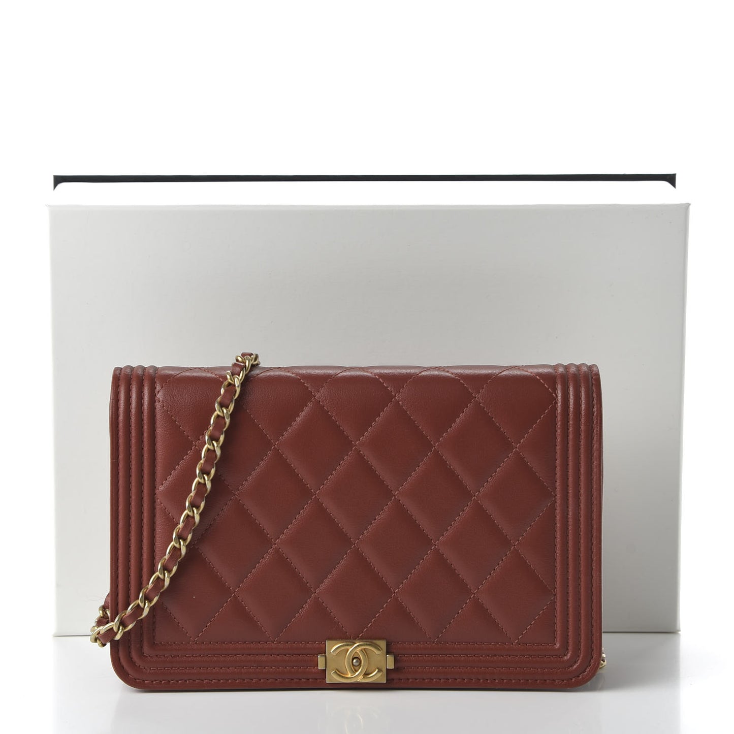 Lambskin Quilted Boy Wallet On Chain WOC Dark Red