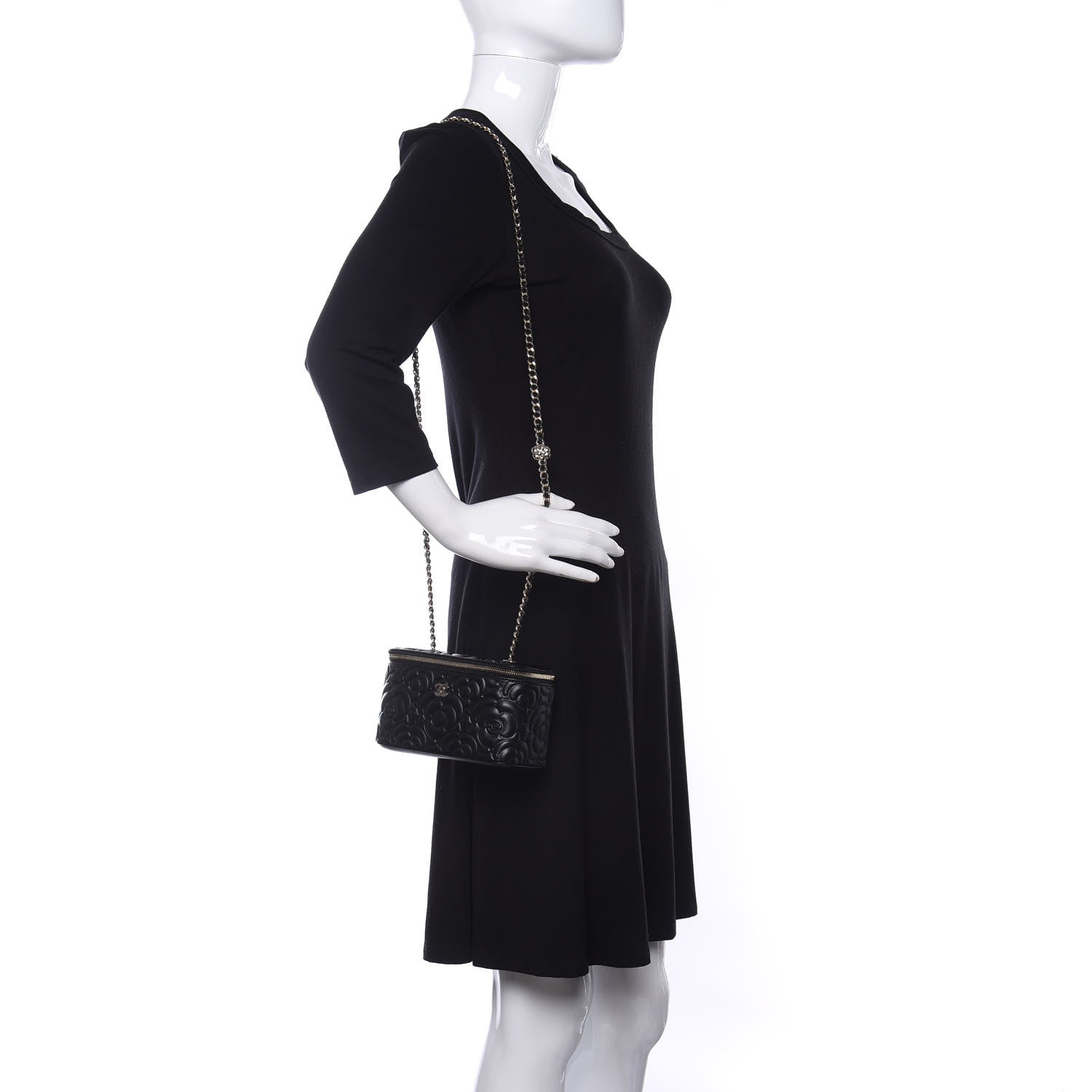Chanel Lambskin Camellia Embossed Small Vanity Case With Chain Black 2 of 11