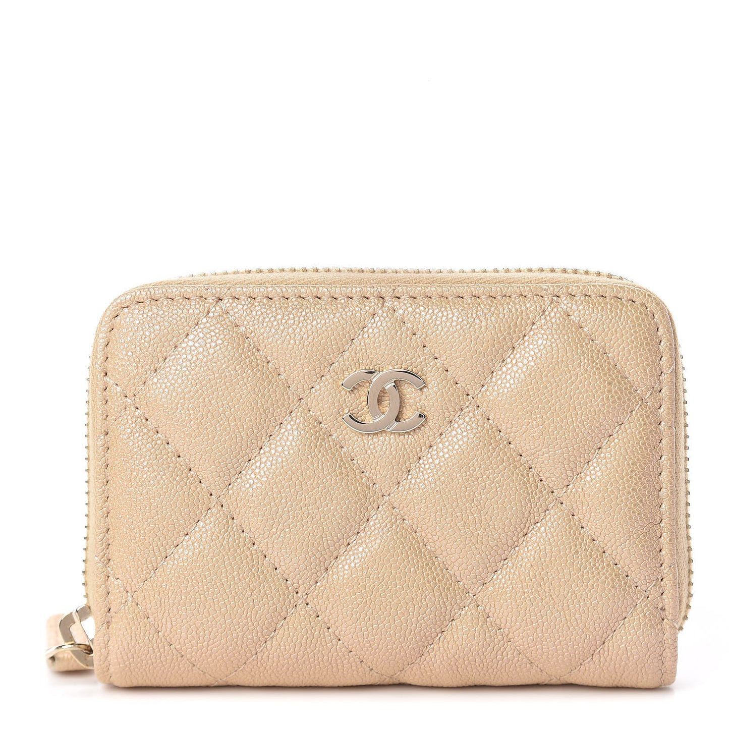 Iridescent Caviar Quilted Zip Card Holder Beige