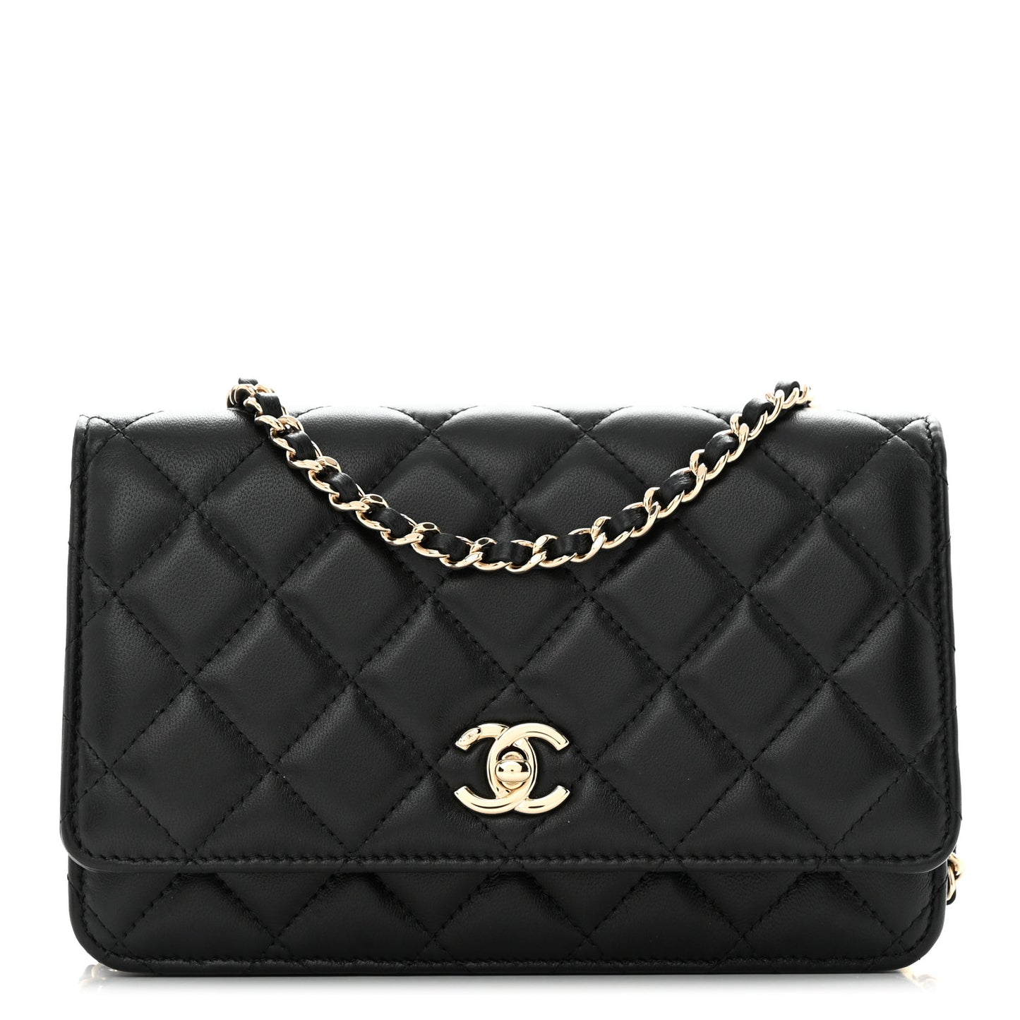 Lambskin Enamel Quilted Pearl Crush Wallet On Chain WOC Black