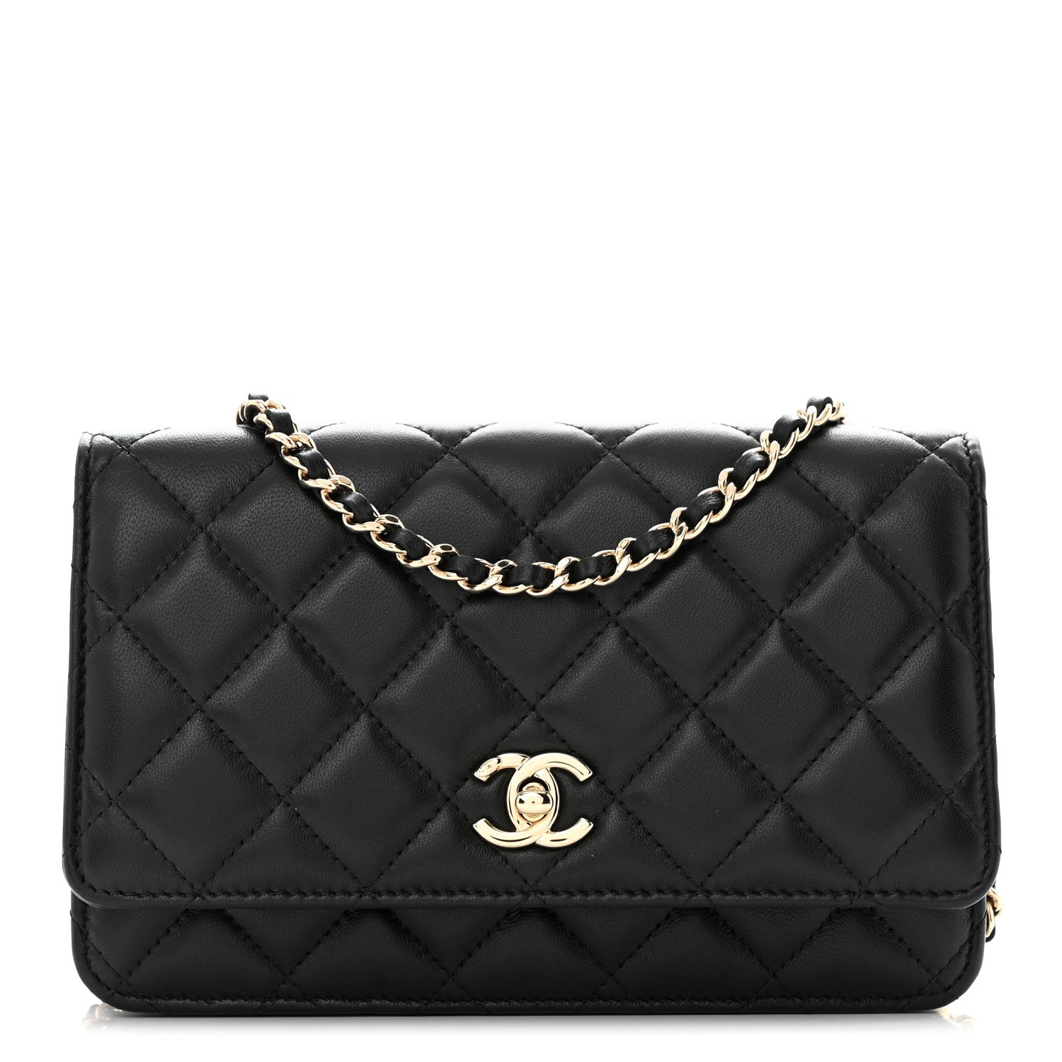 Chanel Lambskin Enamel Quilted Pearl Crush Wallet On Chain WOC Black 1 of 15