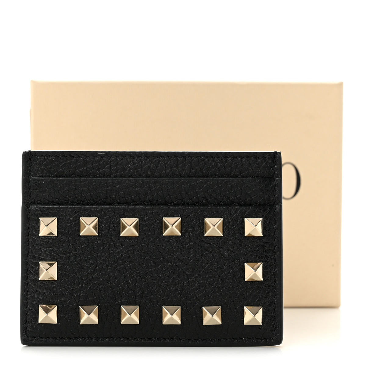 Pebbled Calfskin Rockstud Card Holder Black
