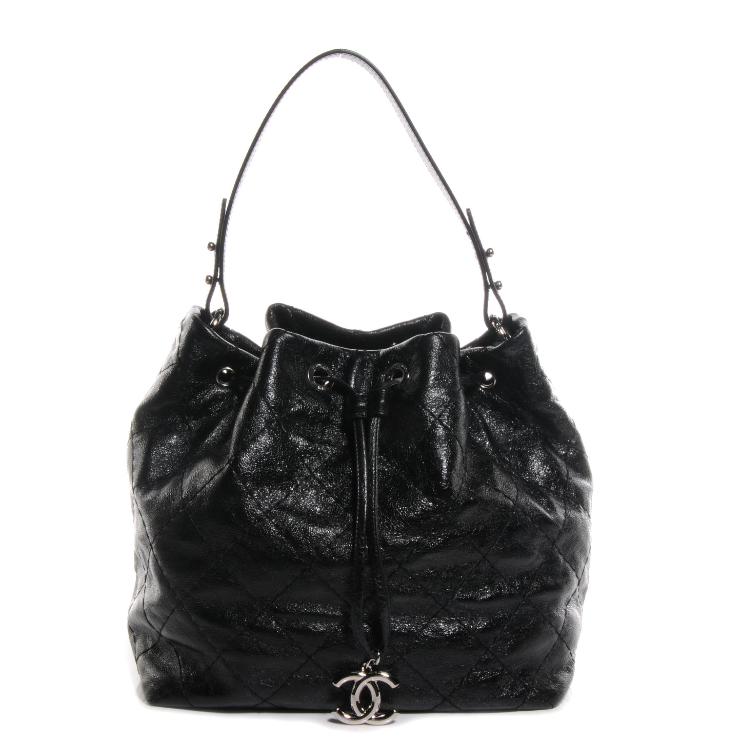 Glazed Calfskin On The Road Drawstring Tote Black