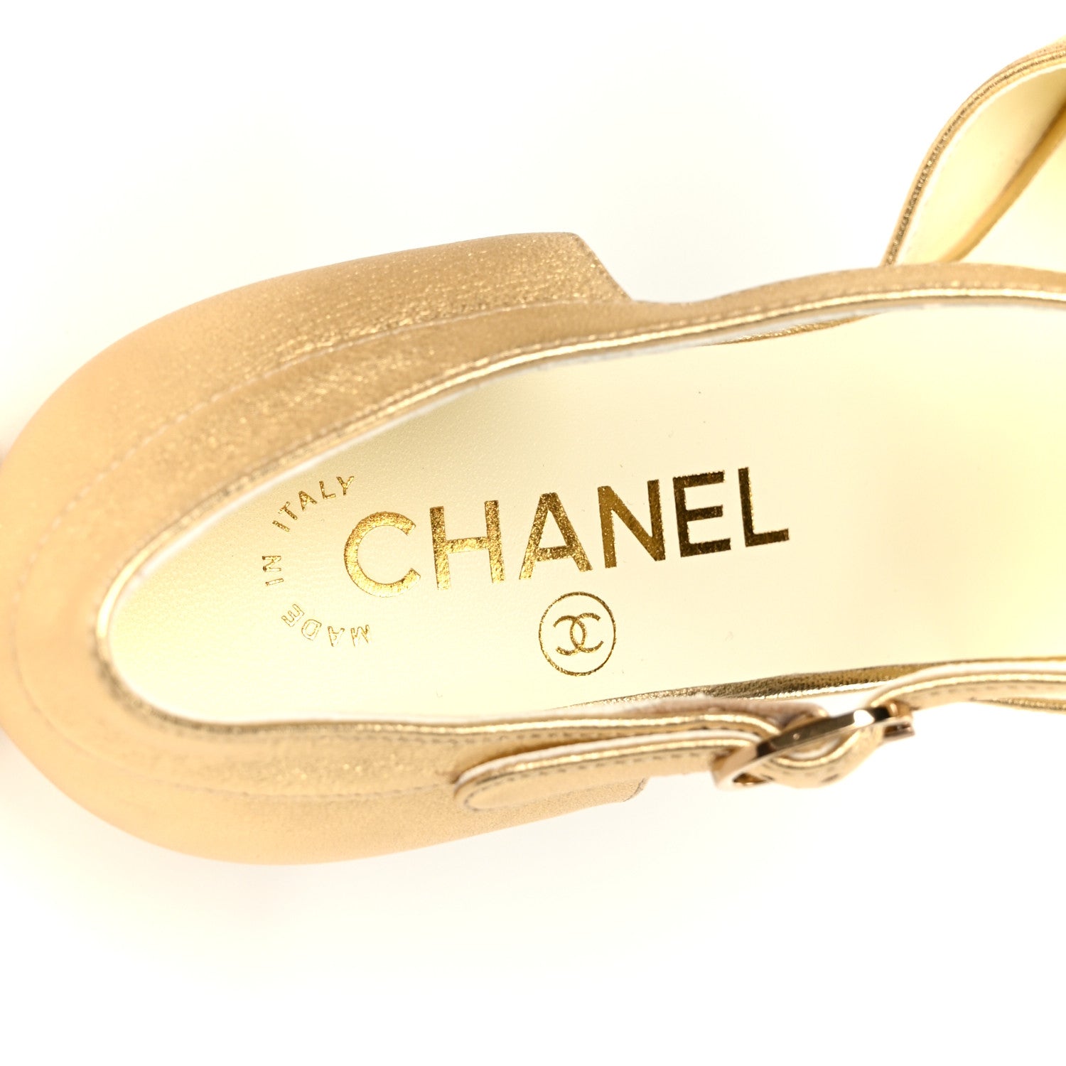Chanel Laminated Lambskin Cap Toe CC Mary Jane Pumps 38 Gold Black 9 of 10