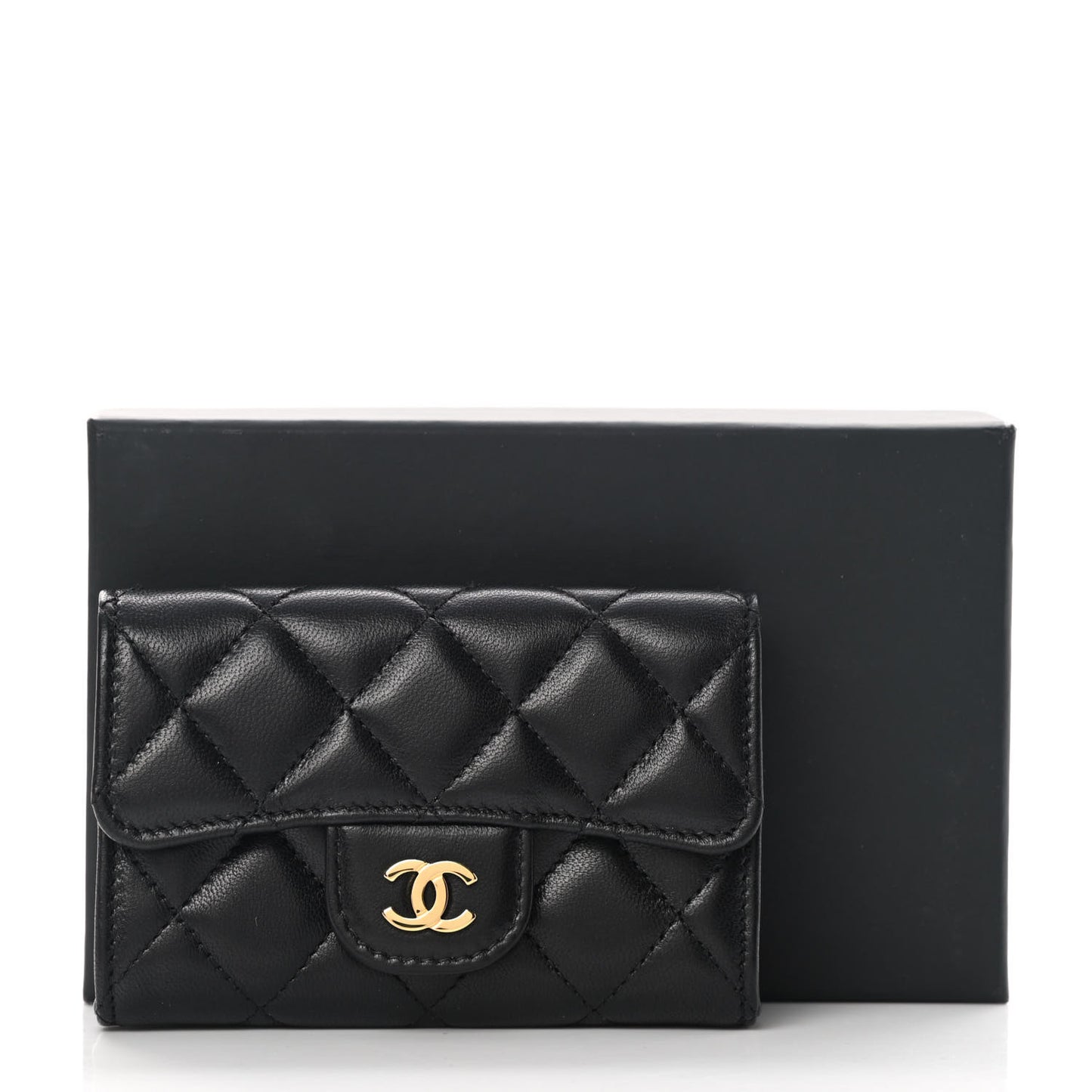 Lambskin Quilted Flap Card Holder Wallet Black