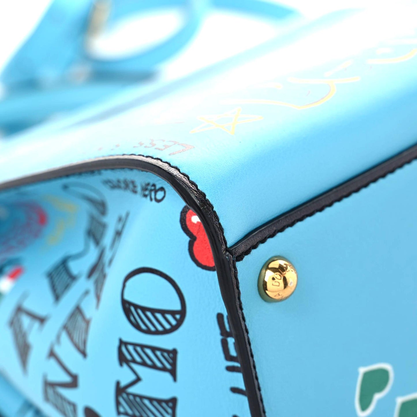 Calfskin Graffiti Printed Welcome Satchel Blue Black