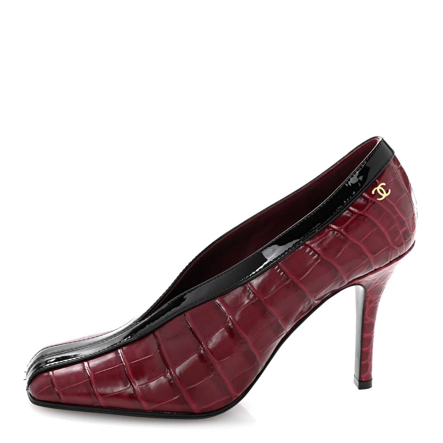 Chanel Crocodile Embossed Patent Calfskin Pumps 37.5 Burgundy Black 1 of 11