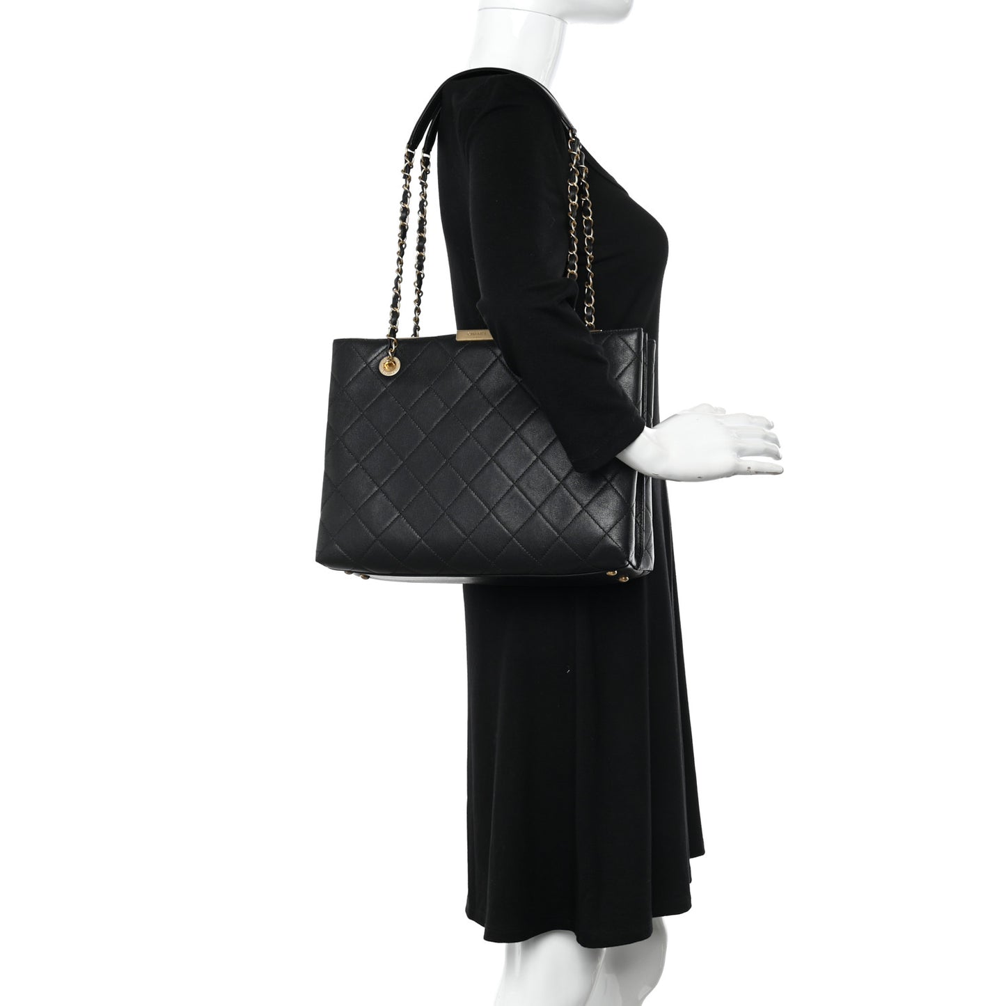 Lambskin Quilted Signature Plate Large Shopping Tote Black