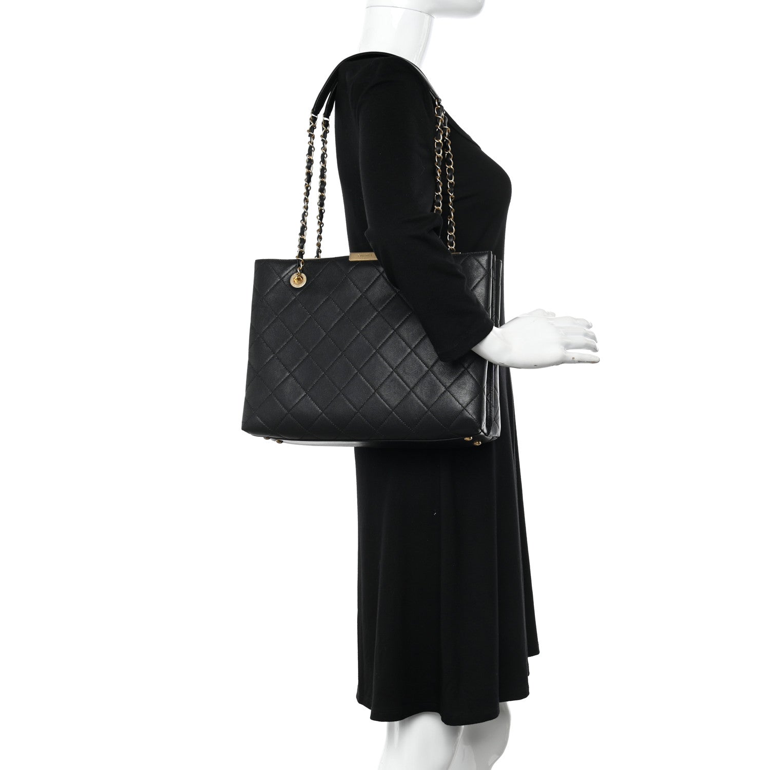Chanel Lambskin Quilted Signature Plate Large Shopping Tote Black 2 of 11