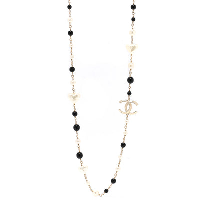 Chanel Pearl Bead Heart CC Long Necklace Gold Black 1 of 7