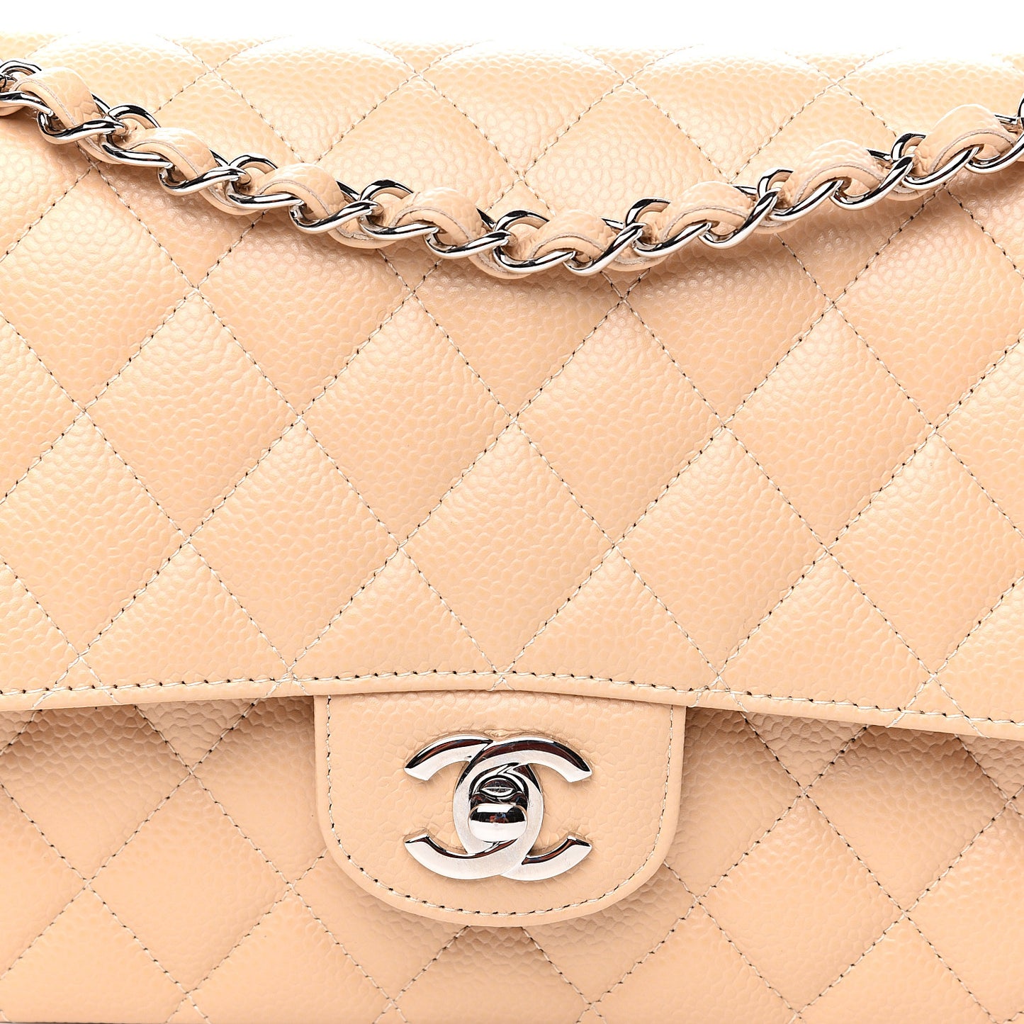 Caviar Quilted Medium Double Flap Beige