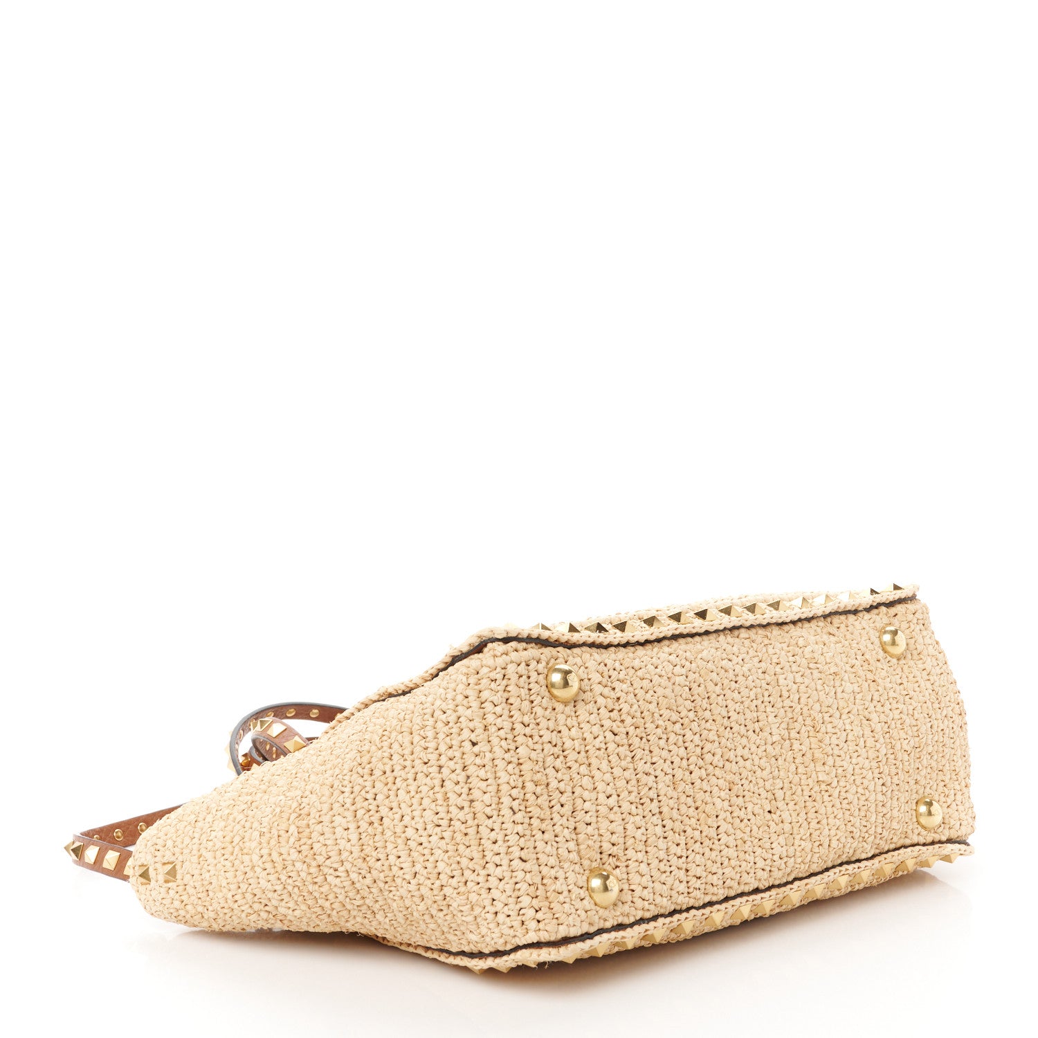 Valentino Garavani Raffia Calfskin Small Rockstud Tote Naturale Saddle Brown 4 of 10
