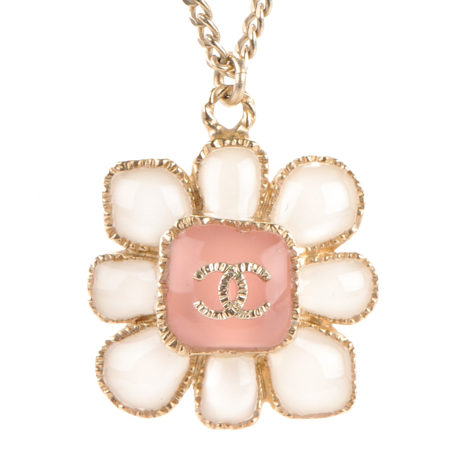 Chanel Gripoix Poured Glass CC Korean Blossom Pendant Necklace Pink Gold 3 of 5