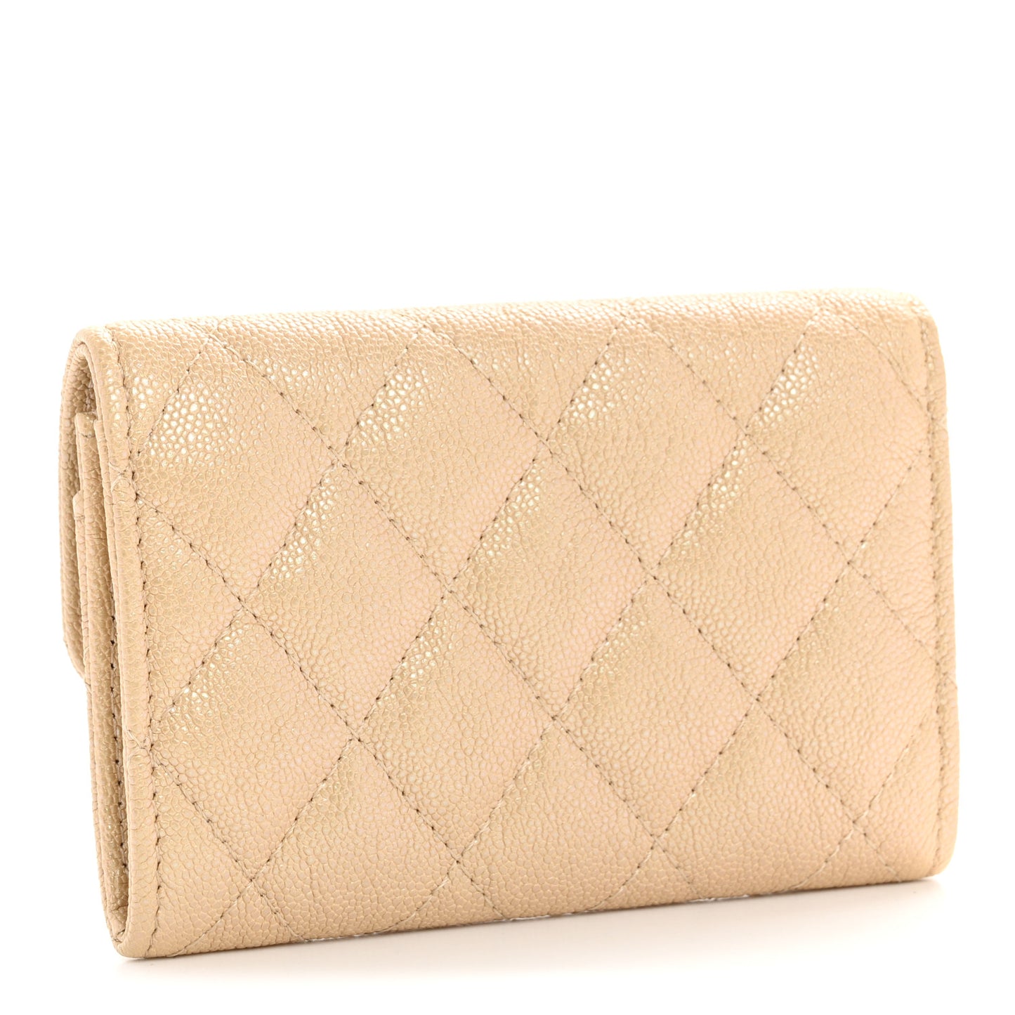 Iridescent Caviar Quilted Flap Card Holder Beige