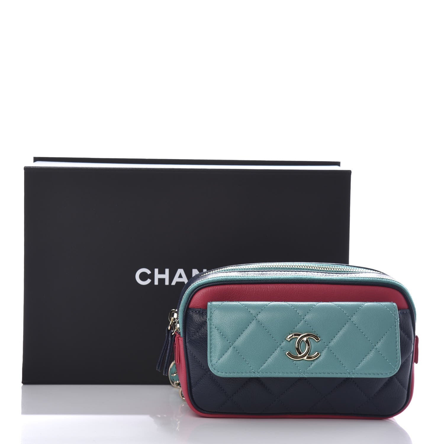 Chanel Goatskin Quilted Tri-Color In & Out Waist Bag Navy Turquoise Pink 11 of 11