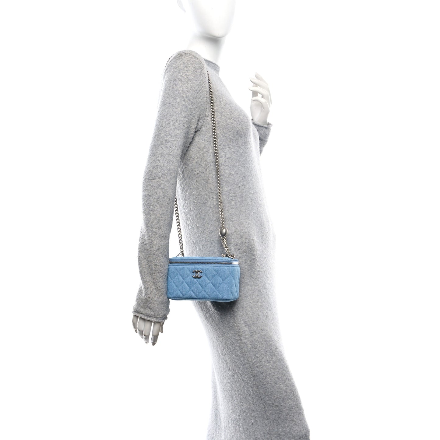 Denim Quilted Sweetheart Small Vanity Case With Chain Blue