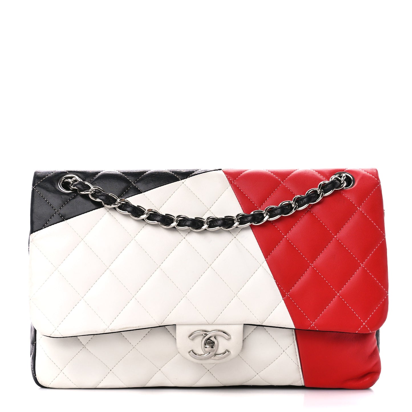 Lambskin Quilted Colorblock Jumbo Double Flap Black White Red