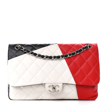 Chanel Lambskin Quilted Colorblock Jumbo Double Flap Black White Red 1 of 11