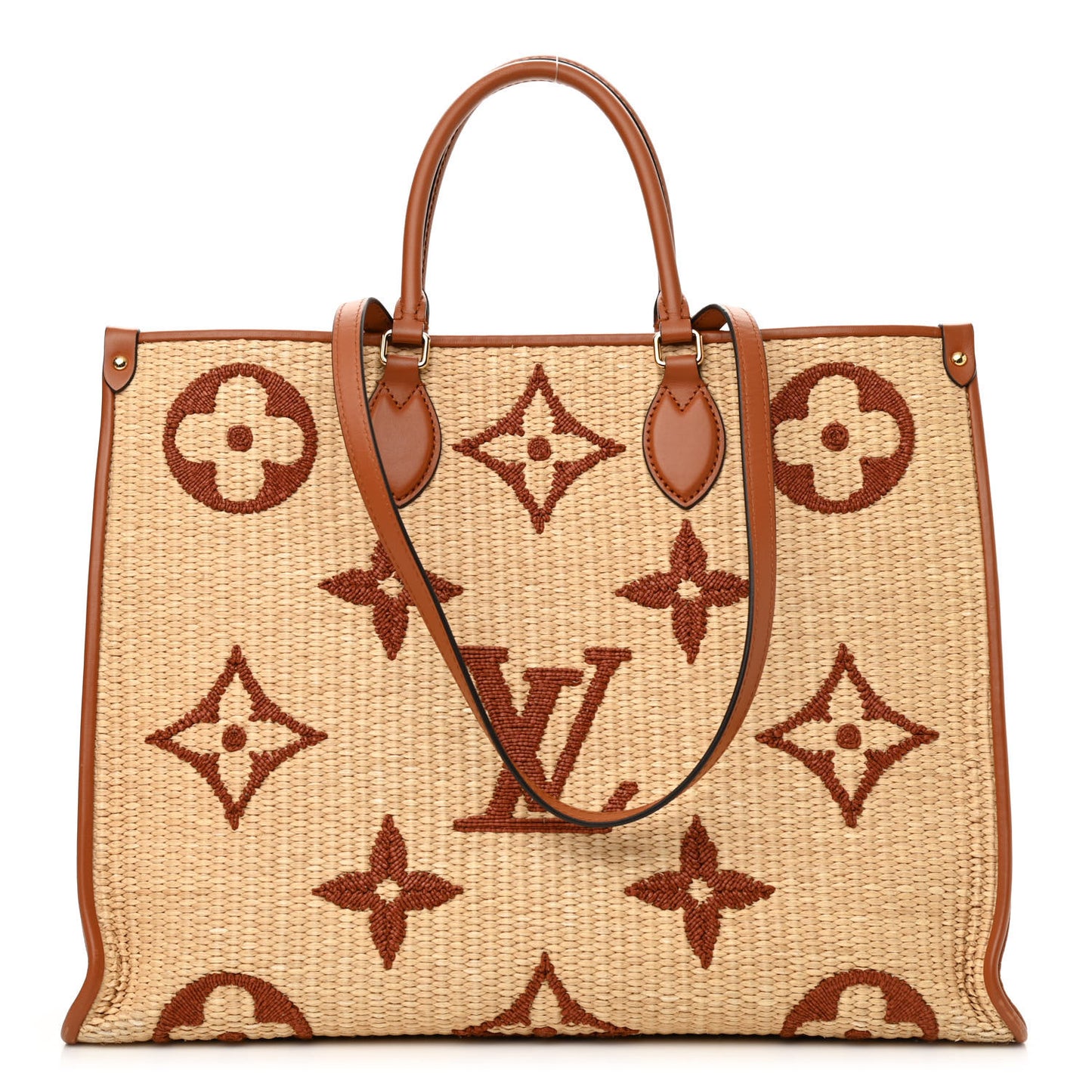 Raffia Calfskin Monogram Giant Onthego MM Tan