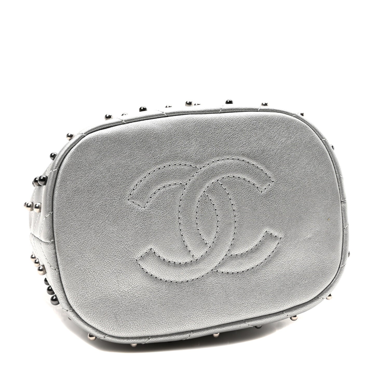 Metallic Lambskin Studded Chevron Quilted Small Stud Wars Drawstring Bag Silver