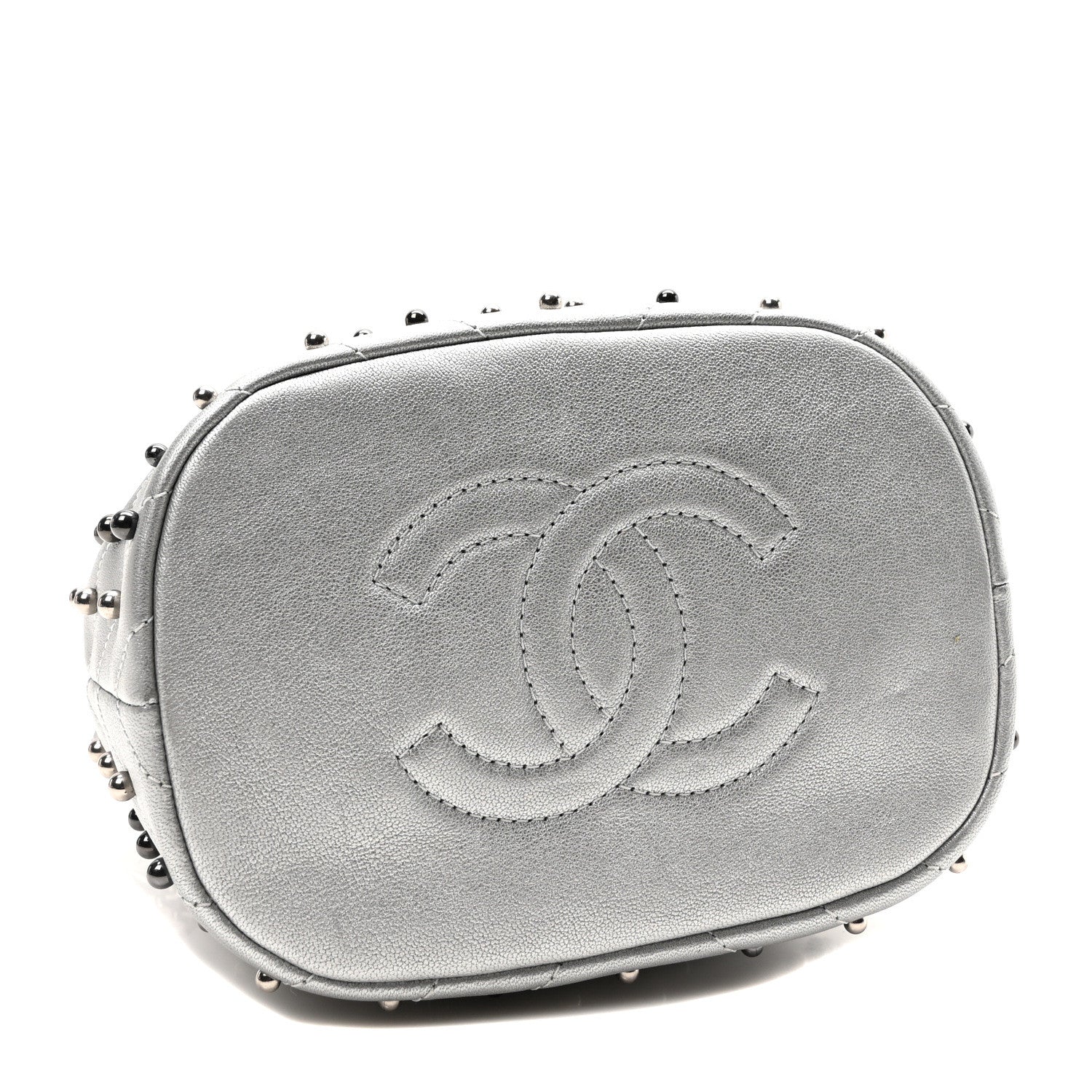 Chanel Metallic Lambskin Studded Chevron Quilted Small Stud Wars Drawstring Bag Silver 4 of 10
