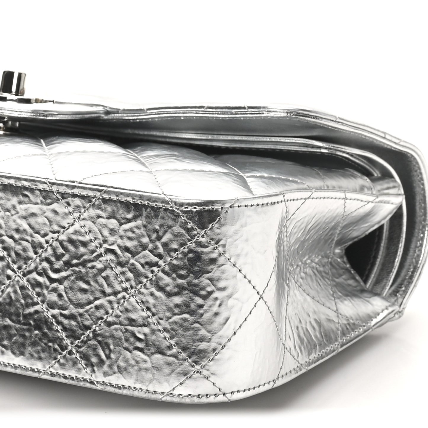 Hammered Metallic Calfskin Quilted Small Double Flap Silver