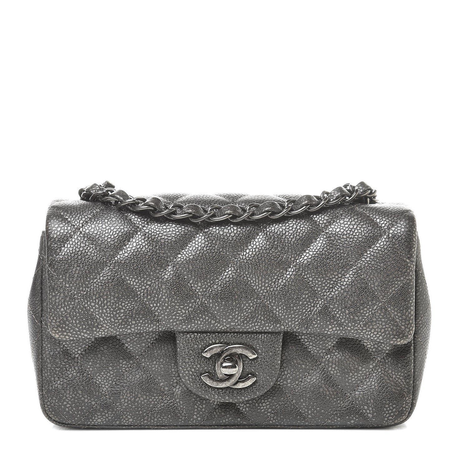 Metallic Caviar Quilted Mini Rectangular Flap Dark Silver