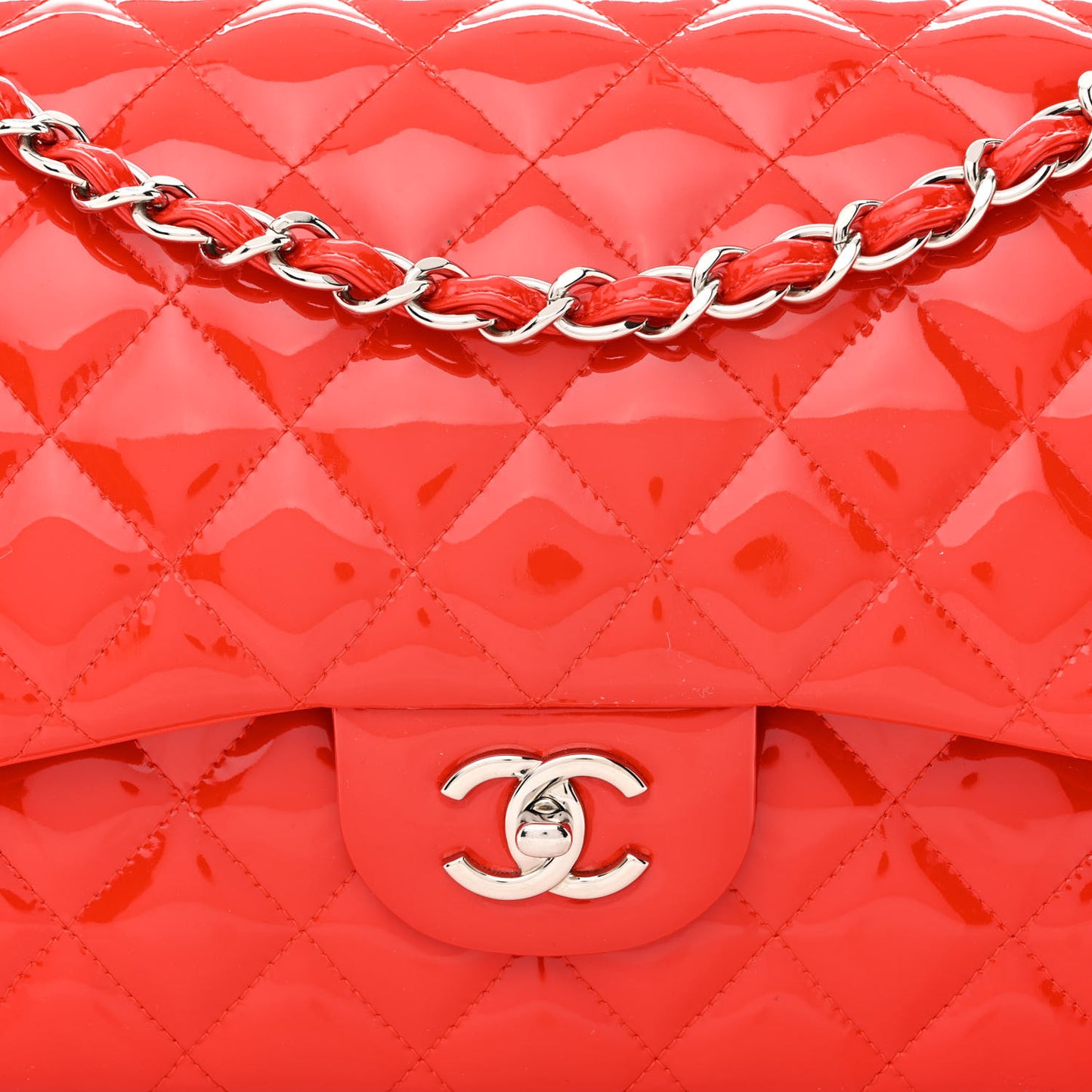 Patent Calfskin Quilted Jumbo Double Flap Red