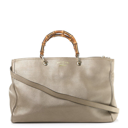 Gucci Metallic Pebbled Calfskin Large Bamboo Shopper Tote Golden Beige 1 of 9