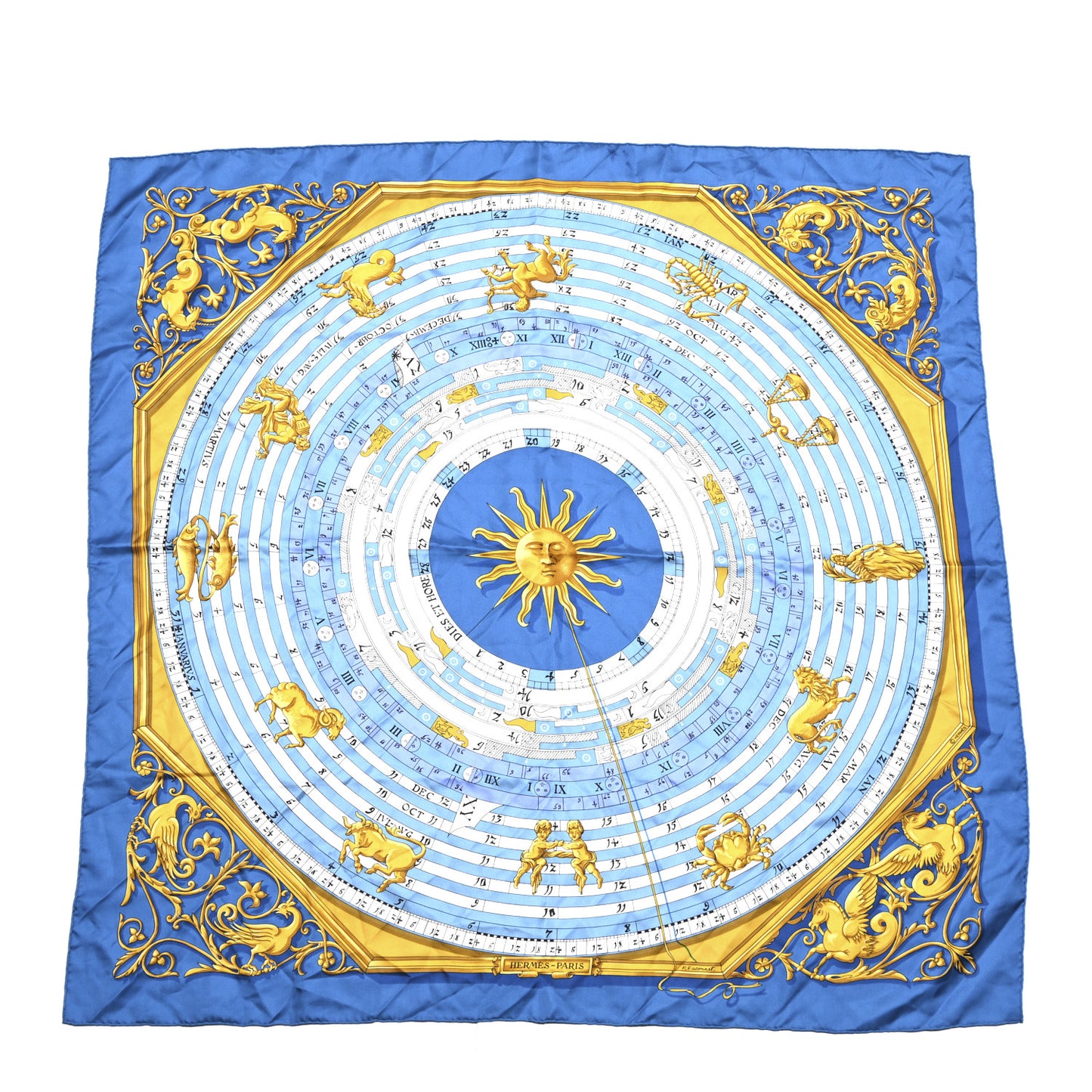 Silk Astrologie Scarf 90 Light Blue White Gold